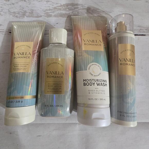 NEW! Bath & Body Works Vanilla Romance Body Care Wash Lotion Cream Fragrance 4pc - Picture 2 of 3